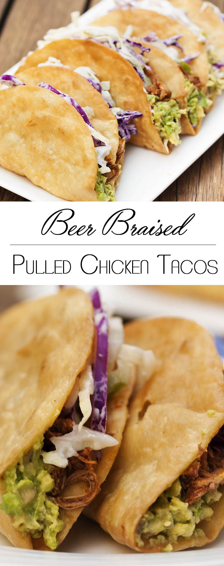 Beer Braised Pulled Chicken Tacos - These tacos feature slow cooked chicken braised in beer and finished with adobo sauce all layered with spicy coleslaw and guacamole. | justalittlebitofbacon.com