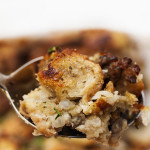 My Favorite Bread and Sausage Stuffing - This classic combination of bread, pork sausage, aromatics, and lots of sage produces a stuffing that says Thanksgiving to me. | justalittlebitofbacon.com