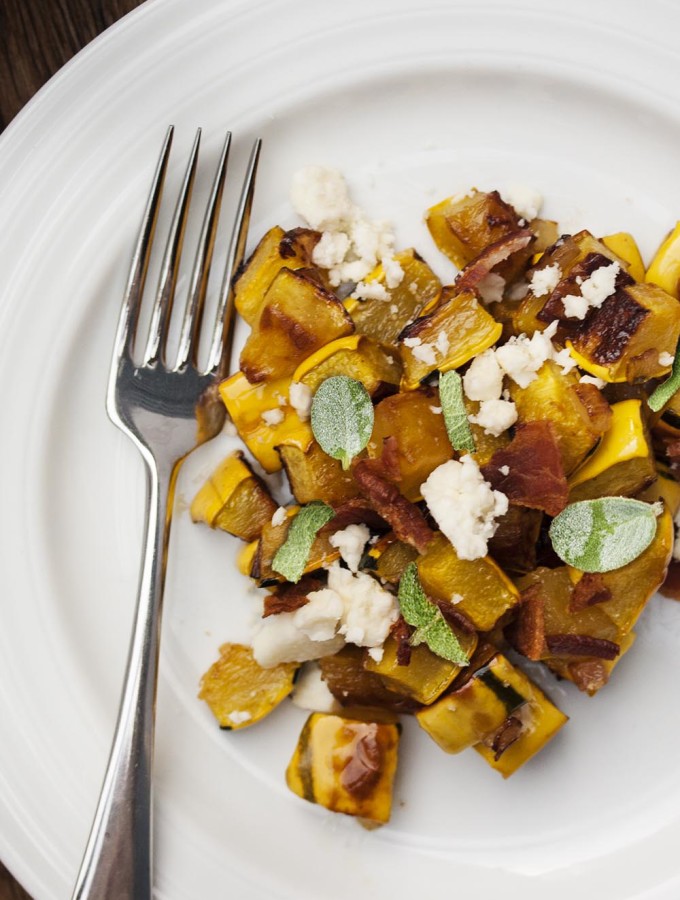 Delicata Squash With Bacon and Blue Cheese - Delicata squash is roasted and then tossed with bacon, blue cheese, and sage. I love it as a fall or Thanksgiving side dish. | justalittlebitofbacon.com