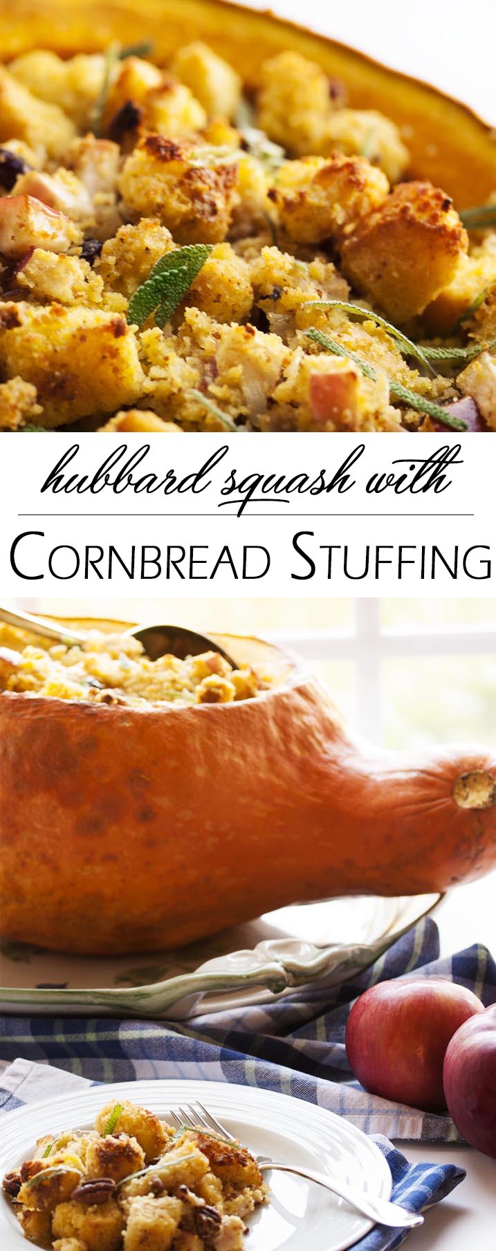 Hubbard Squash with Cornbread Stuffing - Looking for an impressive vegetarian centerpiece or side dish for your Thanksgiving table? Look no more! Filling a Hubbard squash with delicious cornbread stuffing is sure to produce oohs and ahhs. | justalittlebitofbacon.com