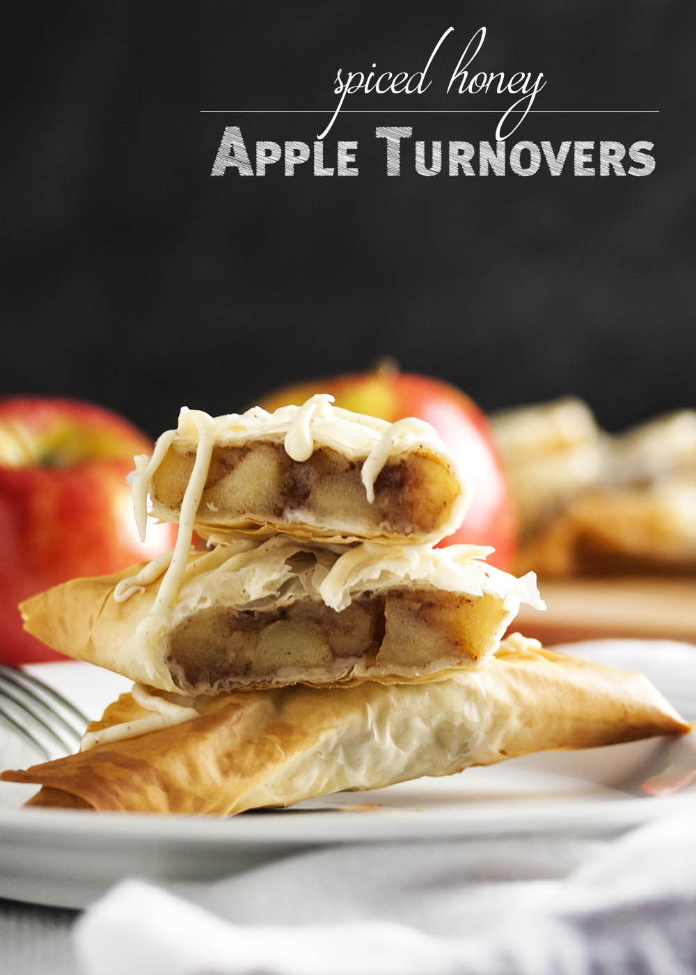 Spiced Honey Apple Turnovers - Layers of flaky fillo dough are wrapped around a filling of apples and honey all flavored with warm spices. Add a drizzle of honey icing on top and you have an apple turnover that will have you wanting more. | justalittlebitofbacon.com