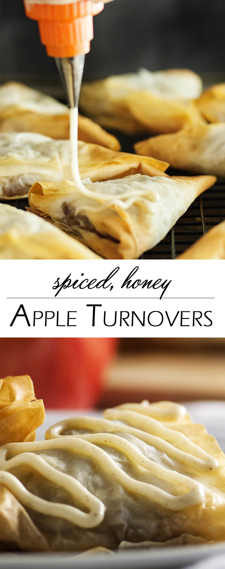 Spiced Honey Apple Turnovers - Layers of flaky fillo dough are wrapped around a filling of apples and honey all flavored with warm spices. Add a drizzle of honey icing on top and you have an apple turnover that will have you wanting more. | justalittlebitofbacon.com