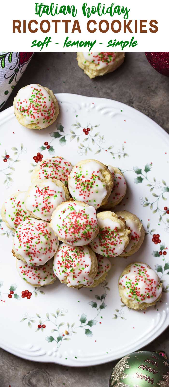 Holiday plate of colorful cookies with text overlay - Ricotta Cookies.