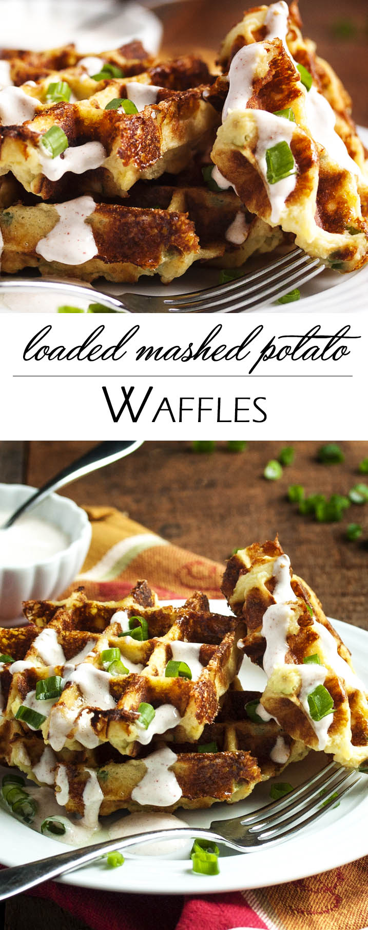 Loaded Mashed Potato Waffles - Mashed Potato Waffles are filled with scallions and cheese and are an awesomely tasty way to enjoy leftover mashed potatoes. Once you try them you may find yourself making mashed potatoes specifically to enjoy these waffles! | justalittlebitofbacon.com