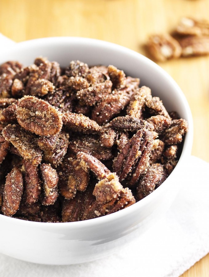 Sweet and Spicy Sugared Pecans - Just 10 minutes and you'll have this addictive sweet and spicy snack on hand. Sugared pecans are great for parties, for gifts, or simply for munching. | justalittlebitofbacon.com