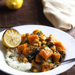 Vegetarian Butternut Squash Tagine - Need a quick vegetarian entree? You won't miss the meat in this flavorful and rich tasting vegetarian butternut squash tagine. It's sweet and spicy and yummy. And it's vegan so long as you skip the optional yogurt! | justalittlebitofbacon.com
