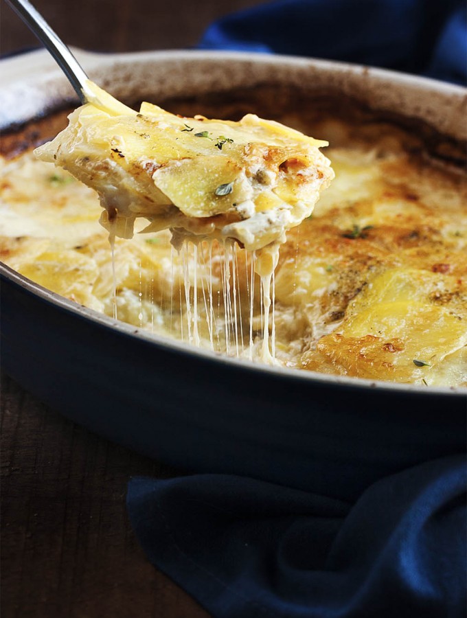 Classic Potato Gratin with Gruyere Cheese - In this classic and simple version of potato gratin, thinly sliced yellow potatoes alternate with layers of shredded gruyere, which is all bound together with garlic infused milk and baked to perfection. | justalittlebitofbacon.com