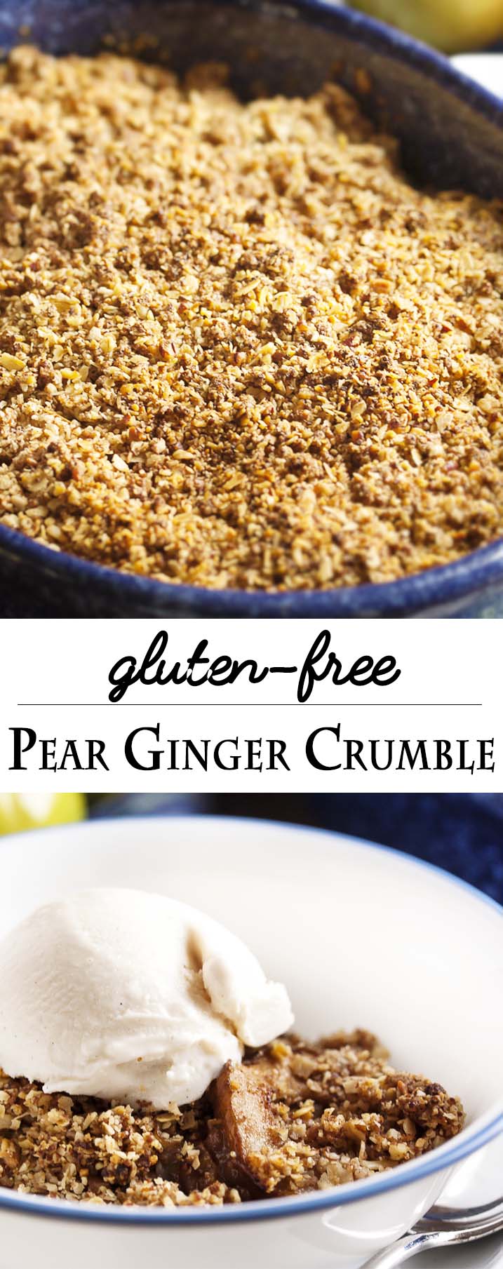 Gluten-Free Pear Ginger Crumble - Ripe pears and freshly grated ginger are topped with a nut and oat streusel in this lightly sweetened, gluten-free crumble. With no peeling necessary since the pears are sliced so thin! | justalittlebitofbacon.com