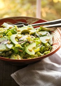 Winter Romaine Salad with Yogurt Dressing - Cold weather doesn't mean the end of yummy salads! It just means that it's time to make robust salads featuring heartier ingredients. | justalittlebitofbacon.com