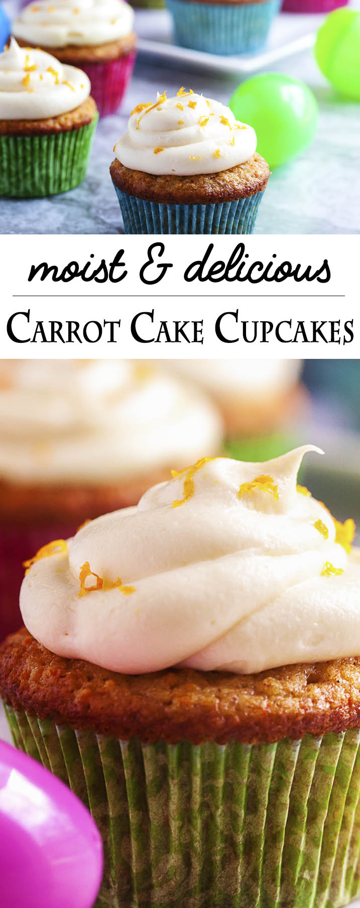 Moist Carrot Cake Cupcakes with Cream Cheese Frosting - Grinding up the carrots packs more carrots into each cupcake and makes these cupcakes extra moist and delicious! Creaming the butter and sugar together provides an extra tender crumb and a mostly flat top which is perfect for the lightly sweetened cream cheese frosting. | justalittlebitofbacon.com