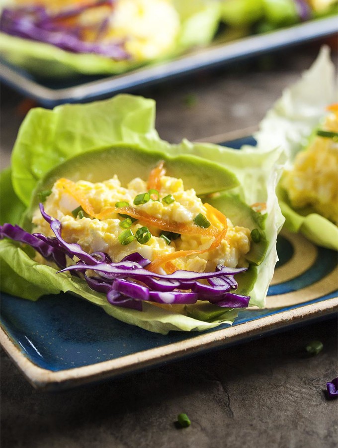 Avocado Egg Salad Lettuce Wraps - My favorite, simple egg salad recipe is paired here with avocado slices and wrapped in butter lettuce leaves. This is a wonderfully light and gluten-free way to enjoy egg salad. | justalittlebitofbacon.com