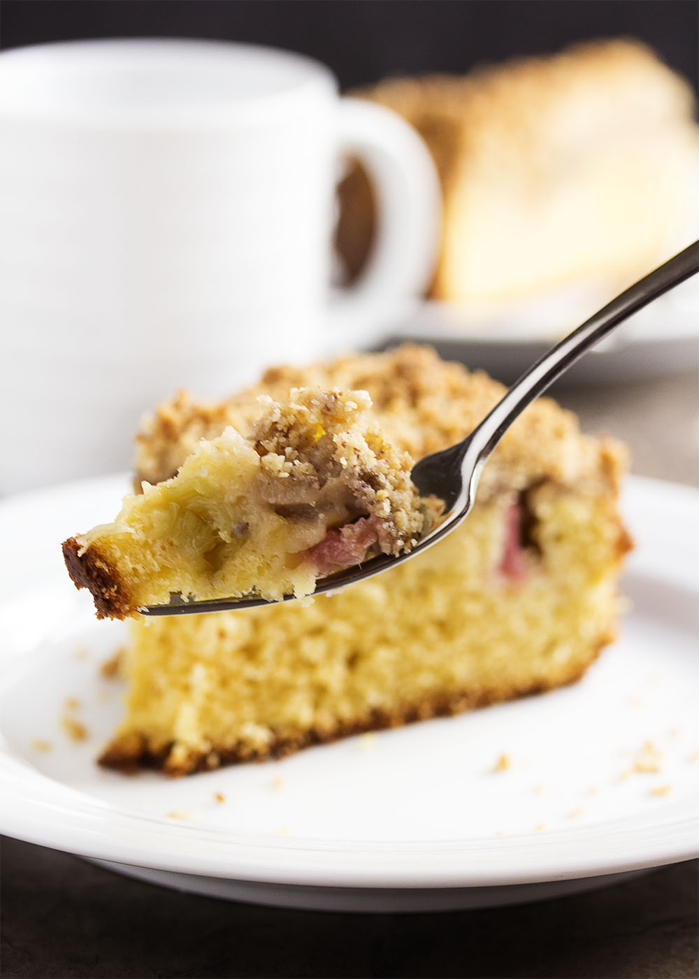 Rhubarb Coffee Cake with Crumb Topping - Spring is here with this rhubarb coffee cake, which has a tart layer of rhubarb sandwiched between soft cake on the bottom and crumb topping above. A little sweet, a little tart, and all yummy! | justalittlebitofbacon.com