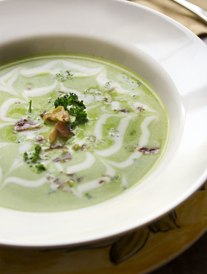 Chilled Spring Pea Soup - This elegant and easy chilled pea soup is full of fresh flavor and is great as a light meal or the first course of a celebration dinner. | justalittlebitofbacon.com