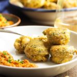 Gluten Free Chickpea Shrimp Fritters - These light and crispy fritters of chickpea flour and chopped shrimp are quickly fried to make a tasty and gluten free appetizer. The recipe includes a vegan option too! | justalittlebitofbacon.com