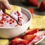 Strawberry Shortcake Dip - All the fun and yummy flavors of strawberry shortcake are in this quick and easy crowd-pleasing strawberry shortcake dip. Great with graham crackers, strawberry slices, and shortbread cookies. | justalittlebitofbacon.com