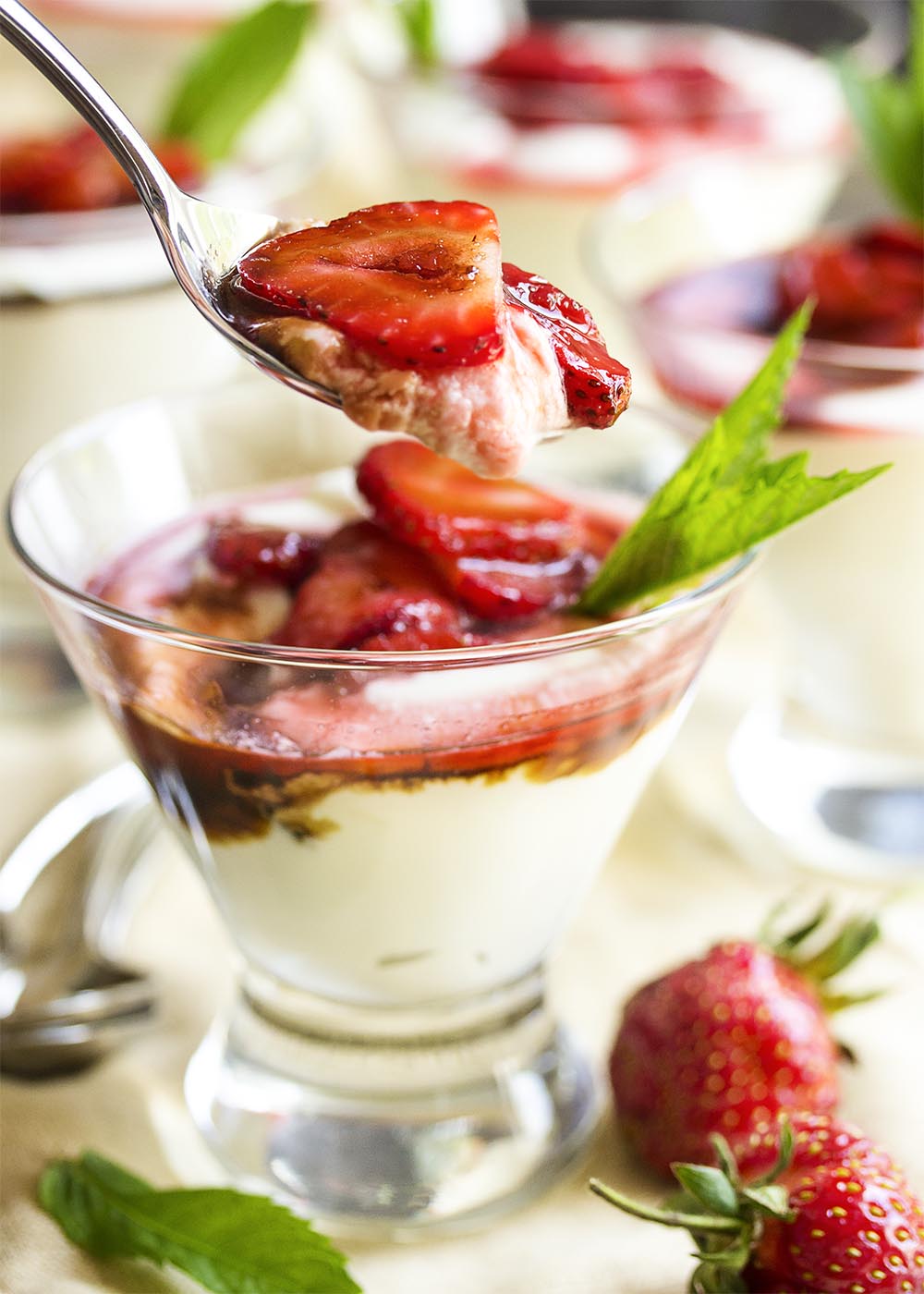 Balsamic Strawberry Mascarpone Mousse - Ricotta and mascarpone are whipped together in a light and flavorful mousse which is topped by balsamic strawberries in this yummy Italian style no bake dessert. | justalittlebitofbacon.com