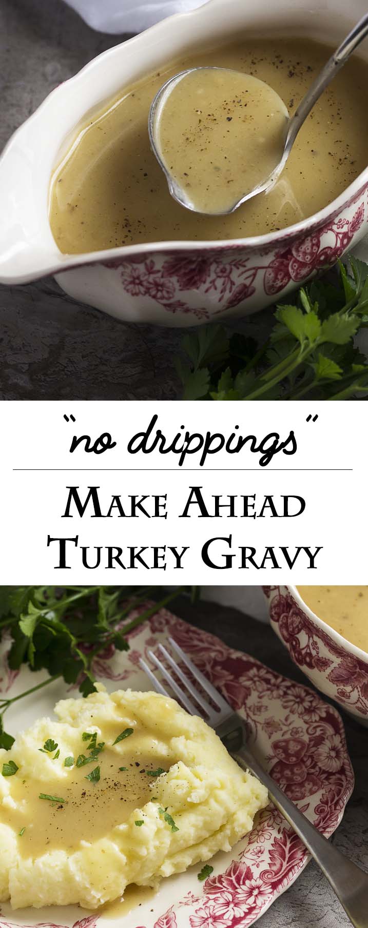 No drippings? No problem! Make this flavorful, rich gravy by layering flavors in your stockpot. Great for make ahead turkey gravy or gravy for grilled/fried turkeys. | justalittlebitofbacon.com