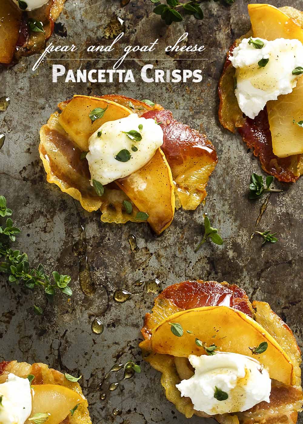 Pear slices and pancetta crisps combine with goat cheese and a drizzle of spiced honey in this unique and simple party appetizer. | justalittlebitofbacon.com
