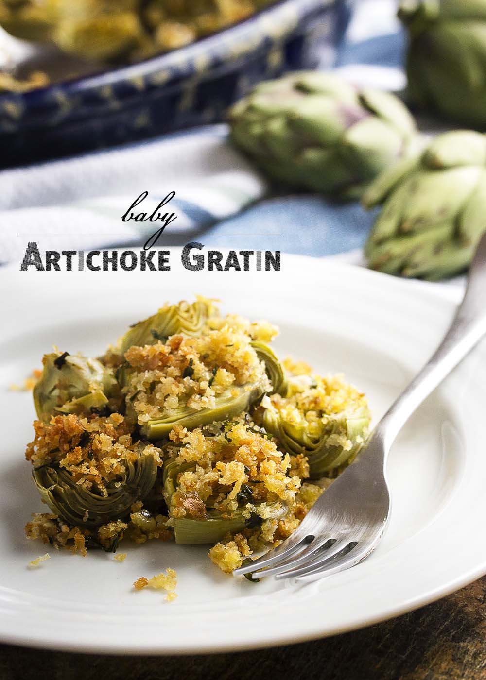 Want to know how to cook baby artichokes? In this easy recipe baby artichokes are trimmed up, topped with parsleyed bread crumbs and made into a baked artichoke gratin. Great holiday dish! | justalittlebitofbacon.com