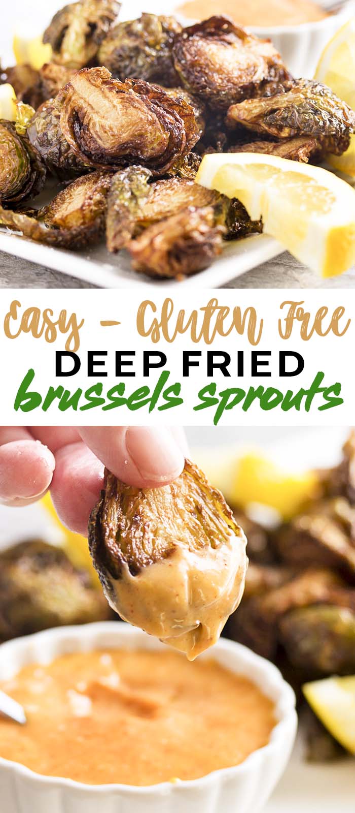 Deep fried Brussels sprouts served with a sweet and tangy sauce are a yummy snack, an addictive appetizer, and a fun Thanksgiving dish. Gluten free and simple to make! | justalittlebitofbacon.com