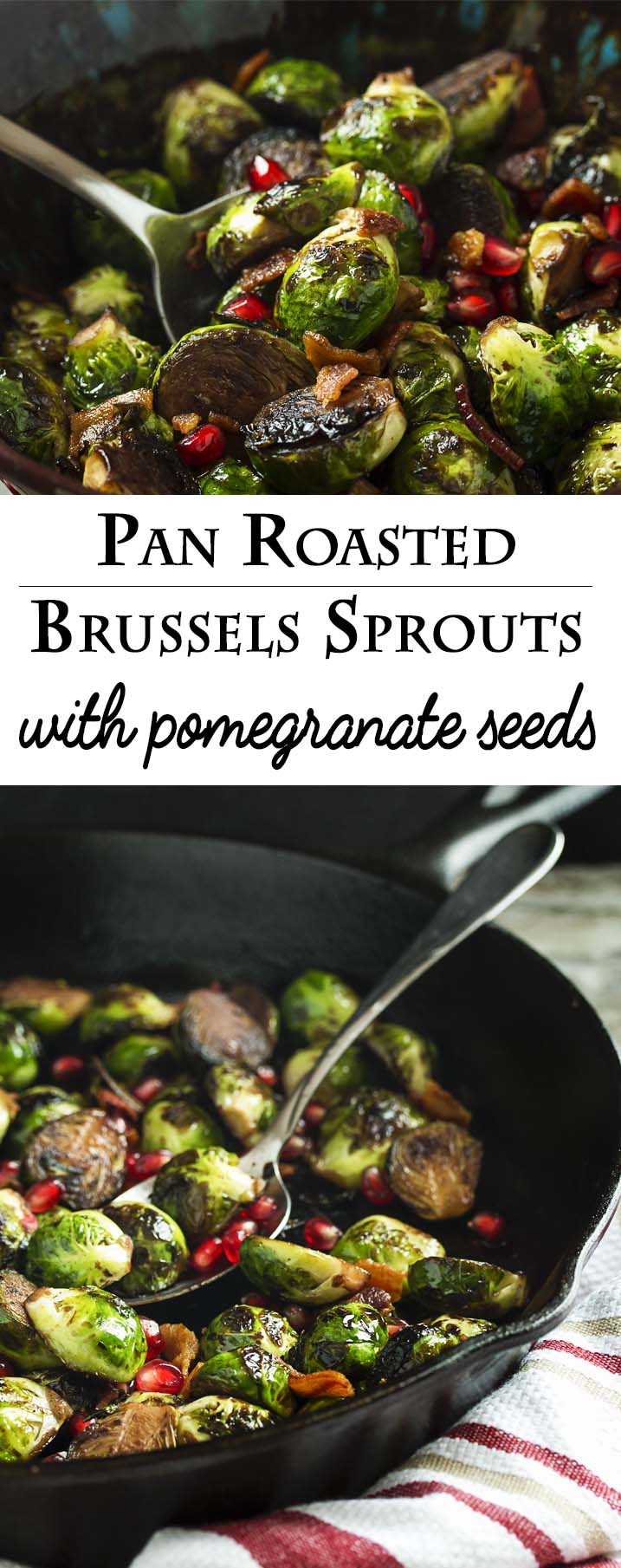 This yummy winter and holiday side dish features pan roasted brussels sprouts, crispy bacon, and sweet pomegranate seeds. Great for Thanksgiving and Christmas or as an easy, weeknight side. | justalittlebitofbacon.com