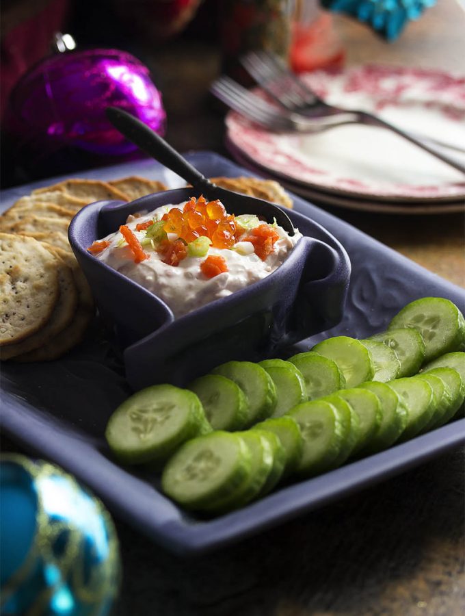 Smoked salmon cream cheese dip is a great and easy holiday party appetizer and it's even better with salmon caviar added to the mix! | justalittlebitofbacon.com