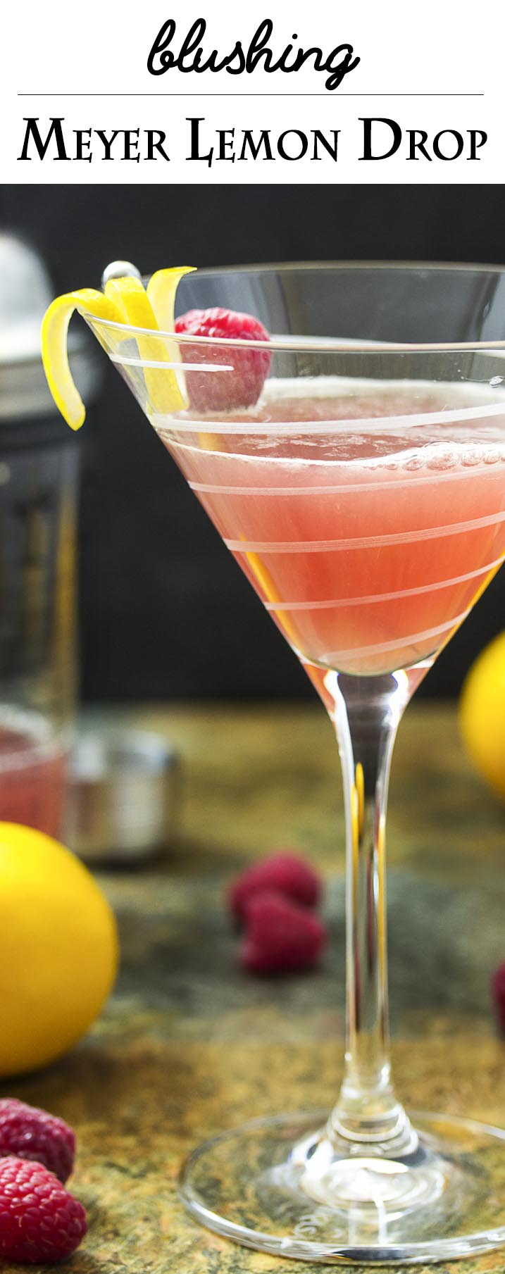 This blushing meyer lemon drop is a martini with a twist! Vodka is mixed with floral Meyer lemon juice and spiked with a bit of raspberry liqueur to make a great sweet and sour cocktail. | justalittlebitofbacon.com
