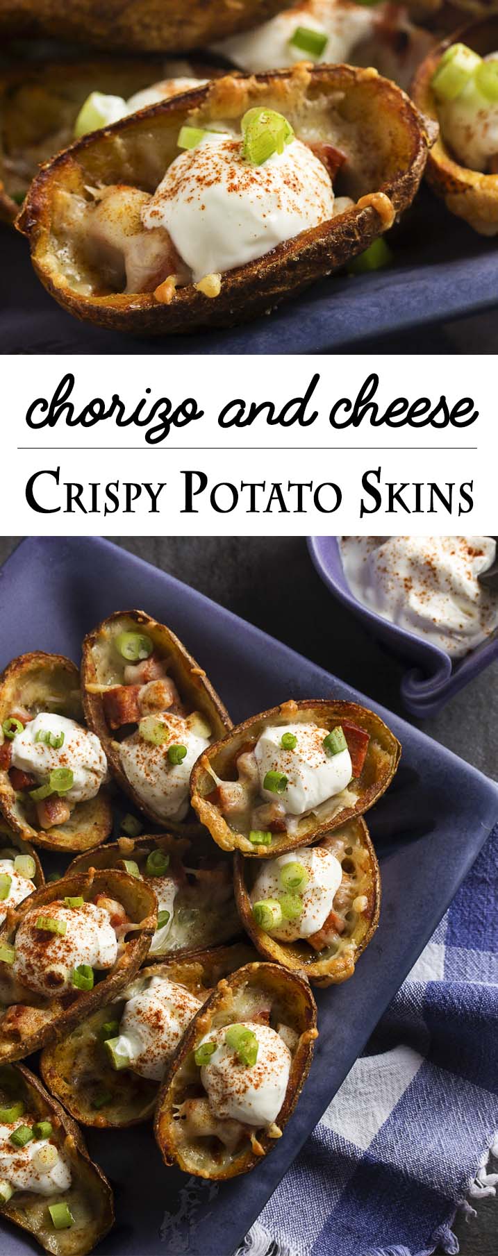 These crispy potato skins are brushed with bacon fat and browned before being filled with chorizo and manchego cheese for a great party appetizer. | justalittlebitofbacon.com