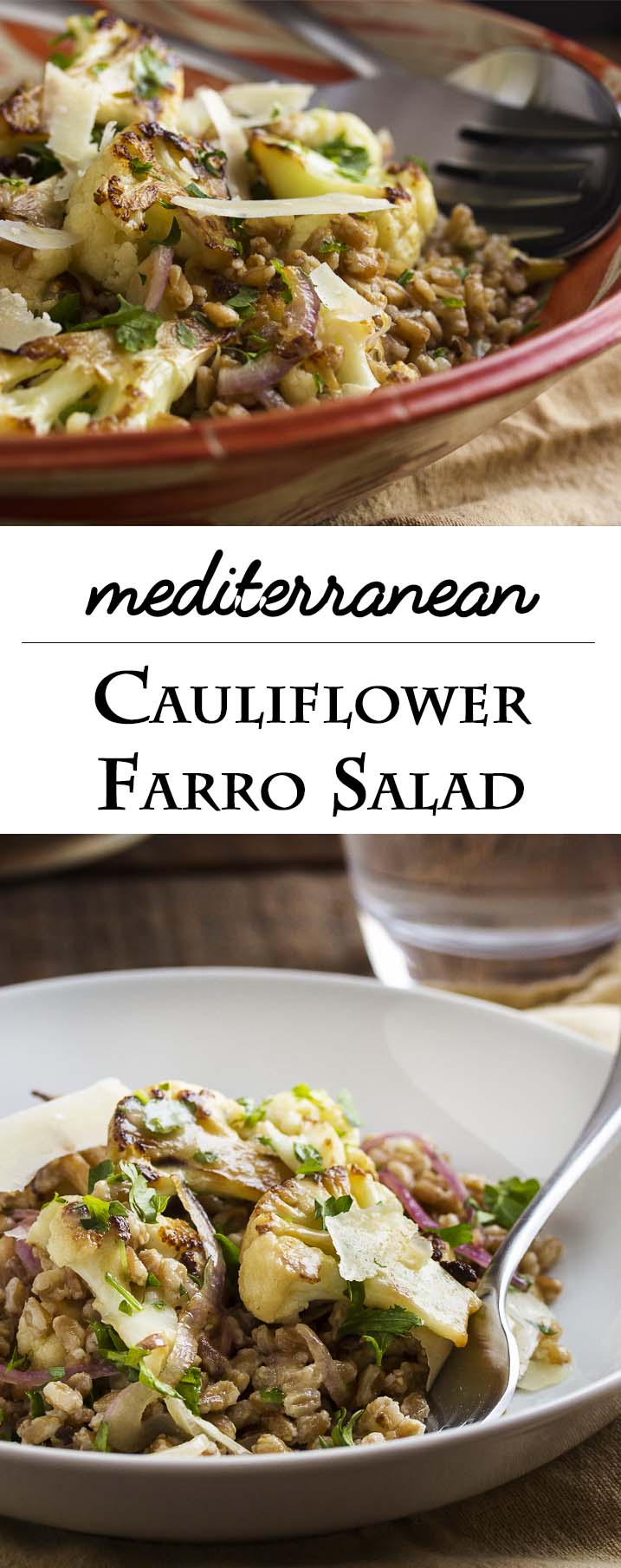 This warm Mediterranean farro salad is tossed with pan roasted cauliflower and creamy tahini lemon dressing to make a great winter salad. | justalittlebitofbacon.com