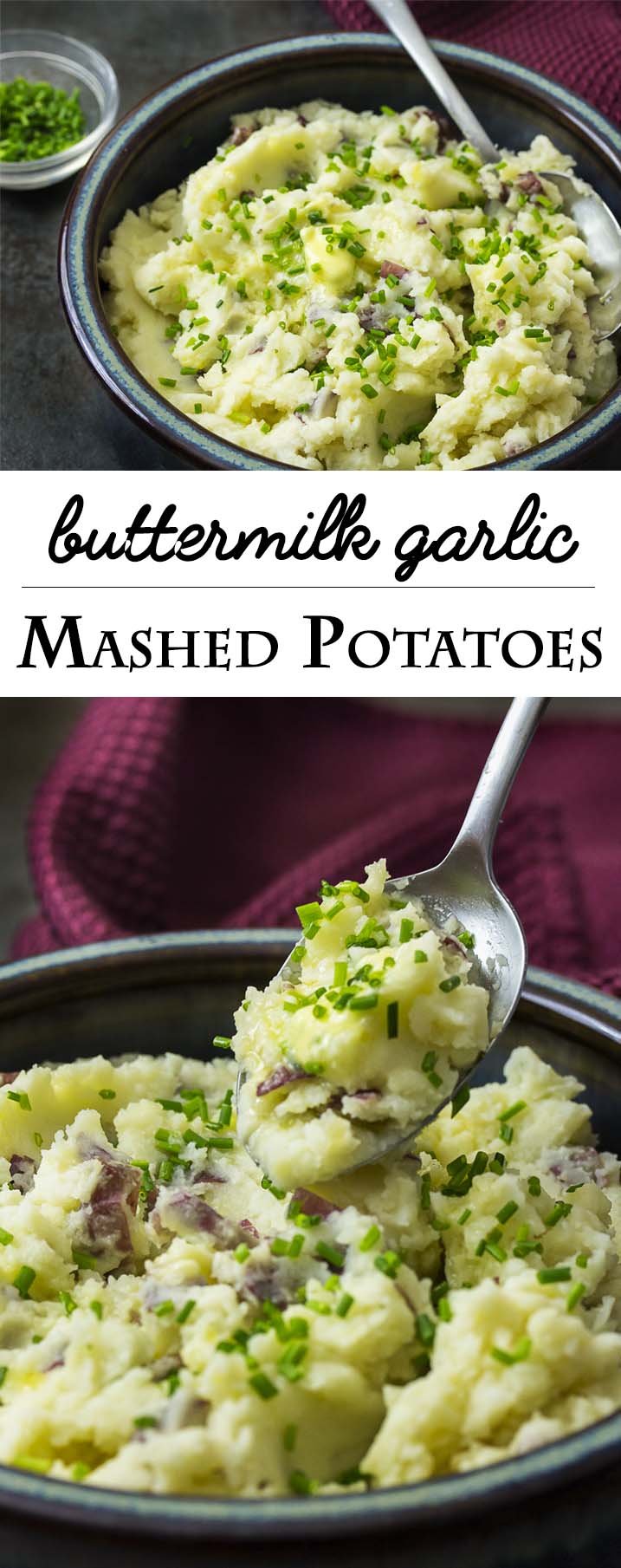 This recipe for creamy buttermilk garlic mashed potatoes topped with chives is super easy comfort food great for holidays or any day. | justalittlebitofbacon.com