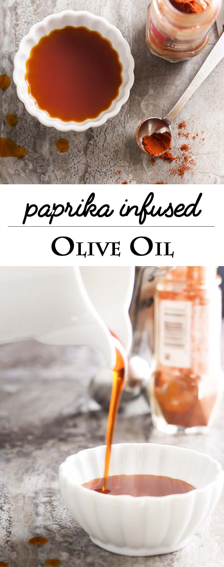 Quick and easy to make, paprika infused olive oil adds a great smokey flavor and colorful red garnish to all sorts of recipes. | justalittlebitofbacon.com