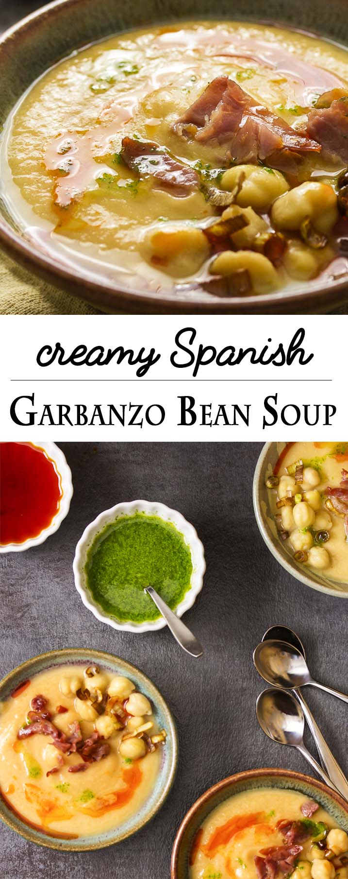 Looking for a simple and elegant soup? You'll love this Spanish garbanzo bean soup made from canned chickpeas and pureed until it's silky smooth. | justalittlebitofbacon.com