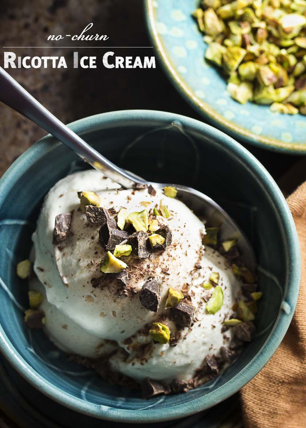 No ice cream machine? Try no churn ricotta ice cream! It's spiced with cinnamon and topped with toasted pistachios and chopped chocolate. Cannoli filling in frozen form which you can make in minutes. | justalittlebitofbacon.com