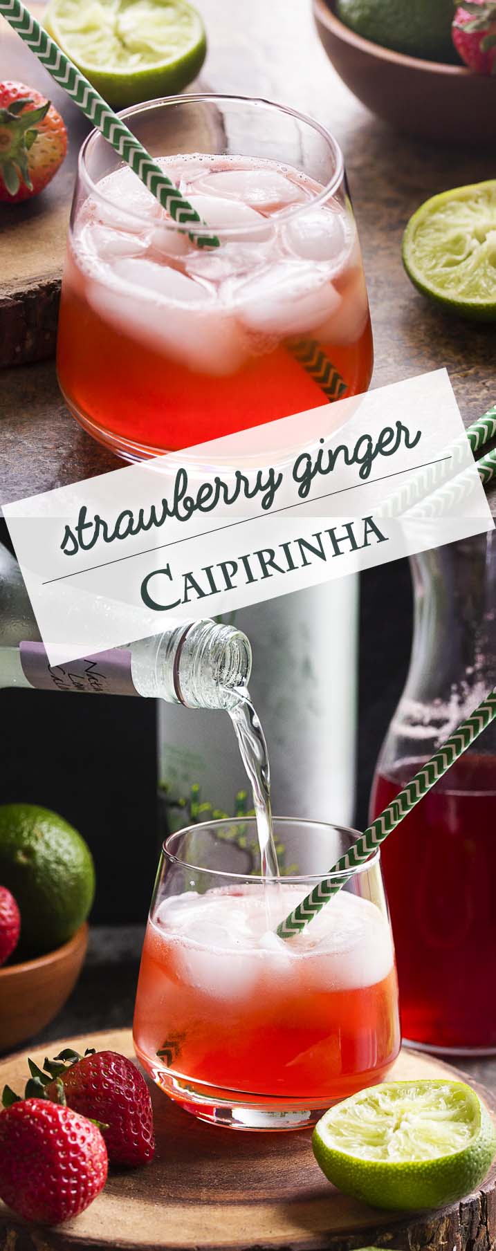 Homemade strawberry syrup topped with ginger beer makes this Brazilian strawberry caipirinha cocktail a refreshingly fruity fizzy drink perfect for summer! | justalittlebitofbacon.com