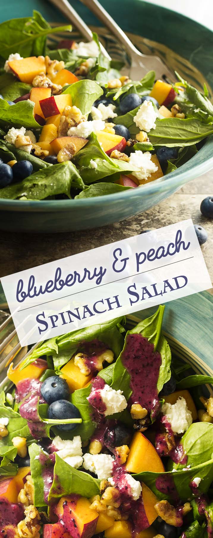 Punch up your spinach salad with seasonal summer fruits, creamy cheese, and glazed walnuts in this peach and blueberry spinach salad. | justalittlebitofbacon.com