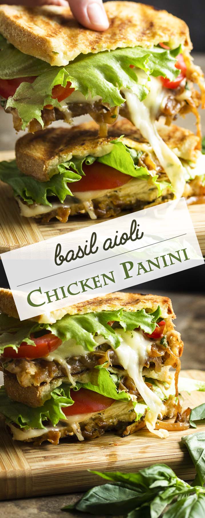 Creamy fontina cheese and sweet caramelized onions are paired with sliced chicken and a basil aioli in this chicken pesto panini. | justalittlebitofbacon.com
