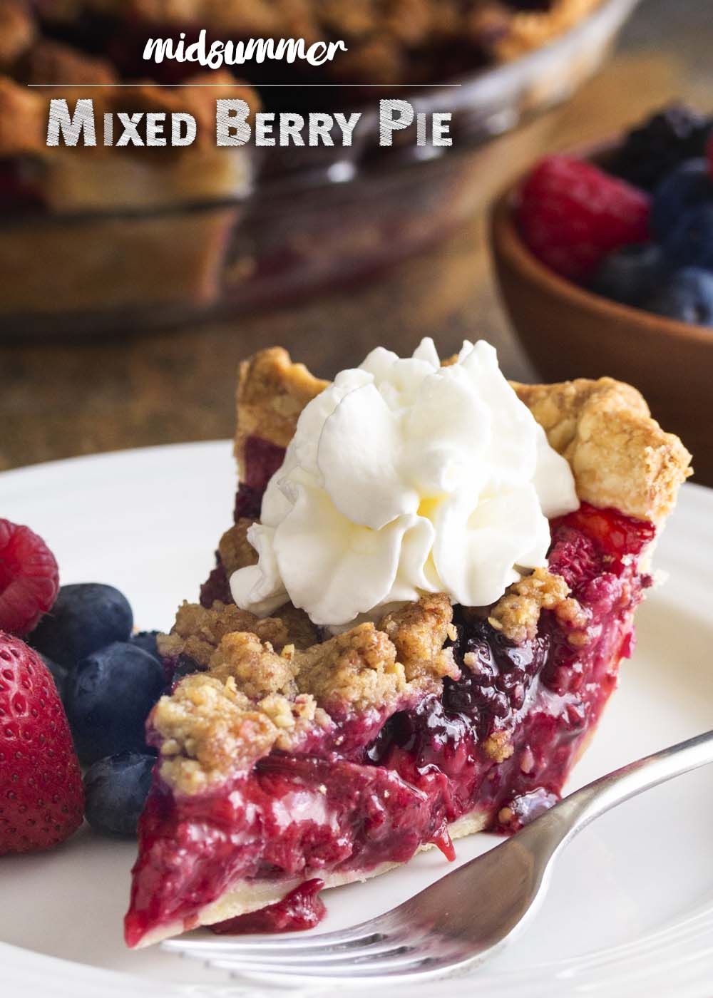 What to do with the bounty of strawberries, blueberries, raspberries and blackberries available in the summer? Make a one crust mixed berry pie with a crunchy and sweet crumble topping! | justalittlebitofbacon.com