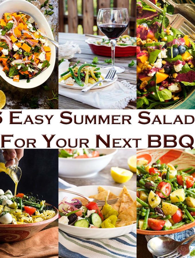 Looking for some easy summer salads which go beyond the basics? Check out this roundup of six great salads for BBQs and cookouts! Grilled pasta salad, French potato salad, blueberry spinach salad, and more. | justalittlebitofbacon.com