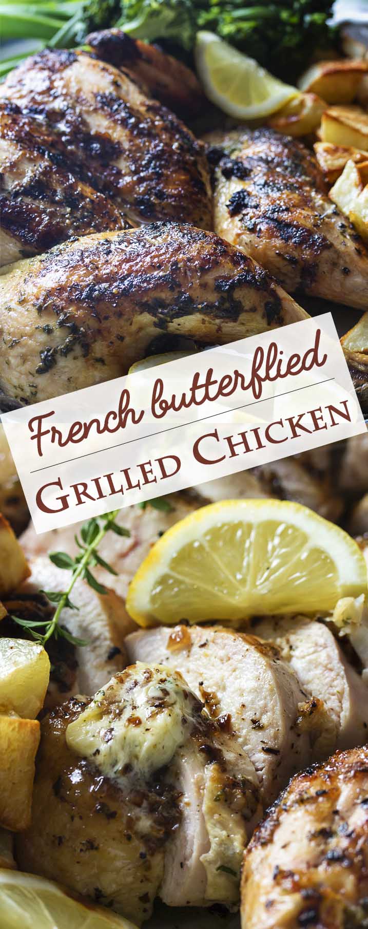 A French herb rub, a sweet and spicy glaze, and a caramelized shallot butter all combine to make a grilled whole chicken full of layered flavors. | justalittlebitofbacon.com