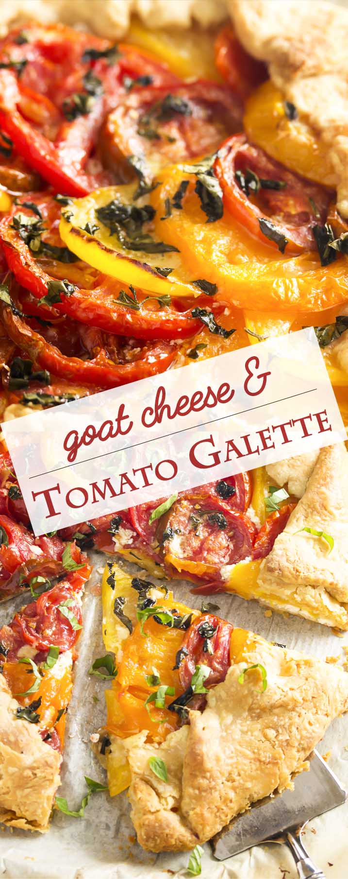 This savory tomato galette is a rustic tart in the French tradition, full of juicy, sweet heirloom tomatoes and creamy goat cheese and then folded into a simple pastry crust. | justalittlebitofbacon.com