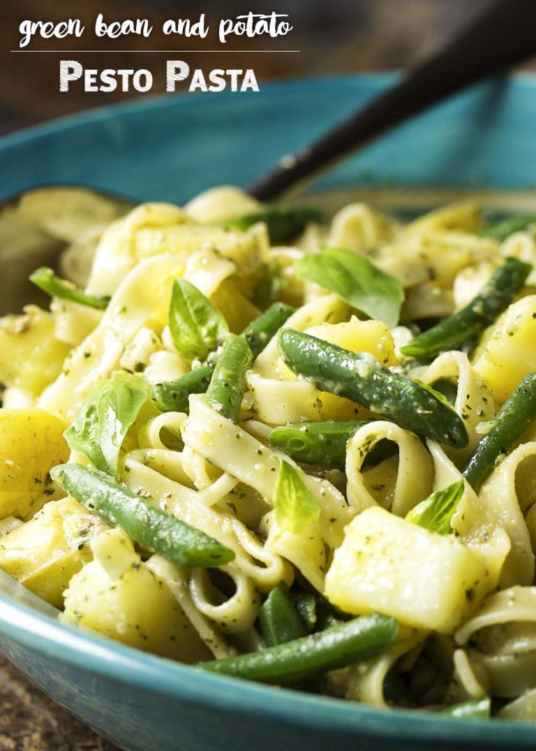 Pesto Pasta with Green Beans and Potatoes Just a Little Bit of Bacon