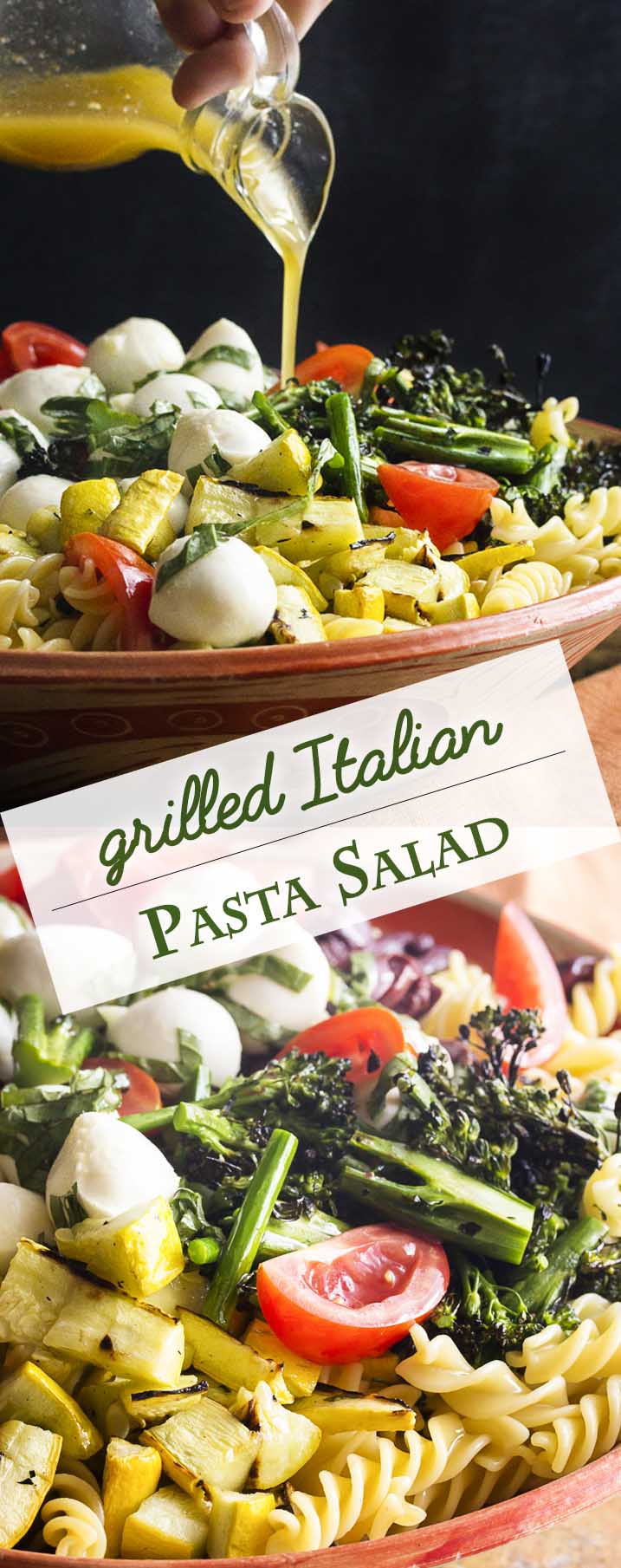 My Italian pasta salad takes advantage of summer by grilling the vegetables and then tossing them with homemade Italian dressing. Light, fresh, and easy! | justalittlebitofbacon.com