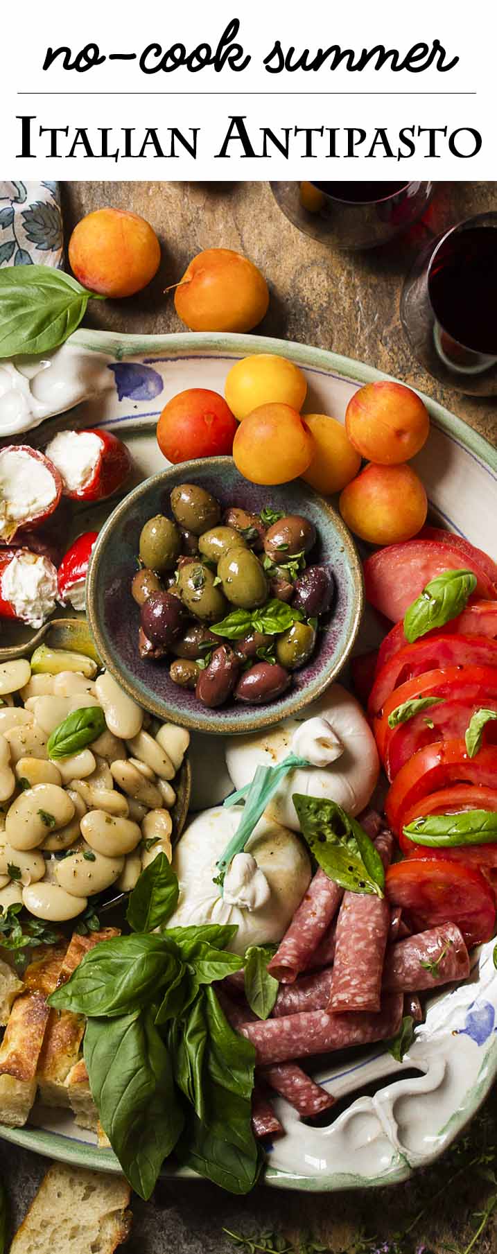No cooking required! I love this easy Italian cold antipasto platter for summer's evenings when I want something simple for dinner. Great for two and can scale up for a crowd. | justalittlebitofbacon.com