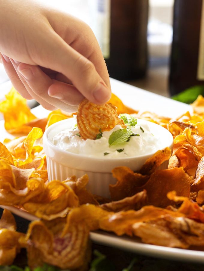 Homemade root vegetable chips are a great change from the usual potato and tortilla chips! Crispy, fried, and full of flavor. | justalittlebitofbacon.com
