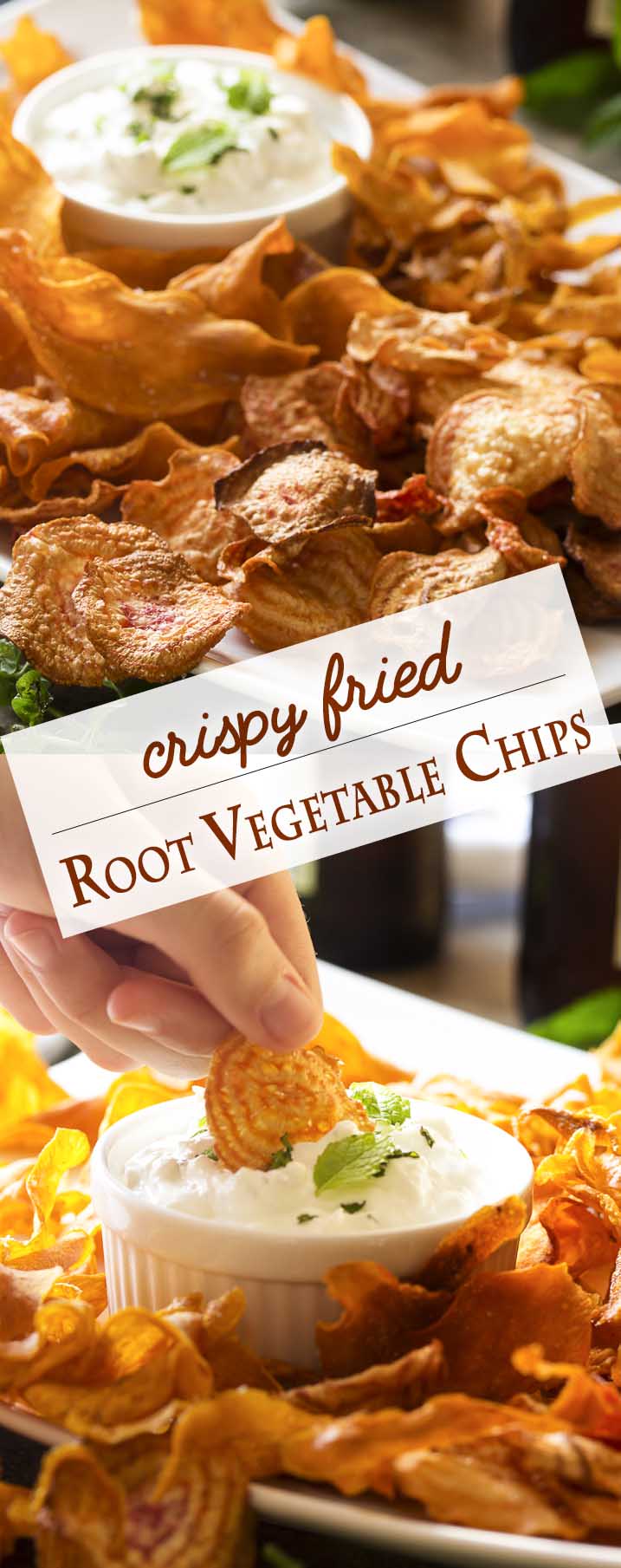 Homemade root vegetable chips are a great change from the usual potato and tortilla chips! Crispy, fried, and full of flavor. | justalittlebitofbacon.com