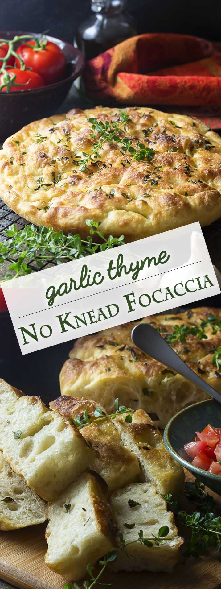 My no-knead focaccia bread with garlic and thyme is made right in a cast iron skillet, giving it a soft and chewy interior and crispy edges. Easy! Great for dinner or for paninis! | justalittlebitofbacon.com