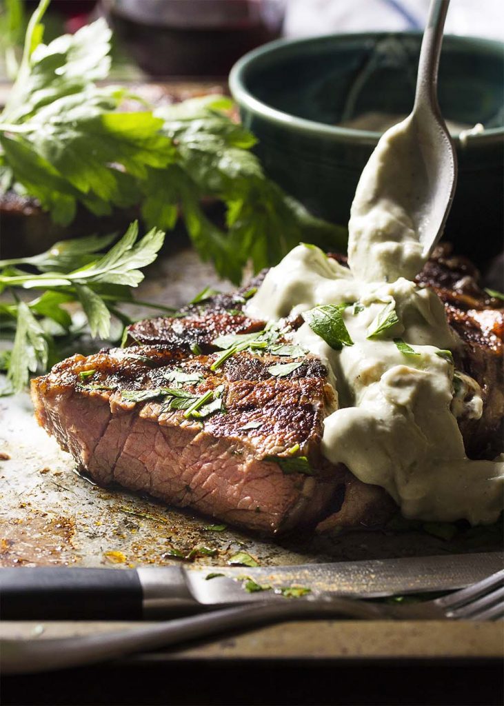 Paprika Rubbed Steak with Brandy Blue Cheese Sauce Just a Little Bit