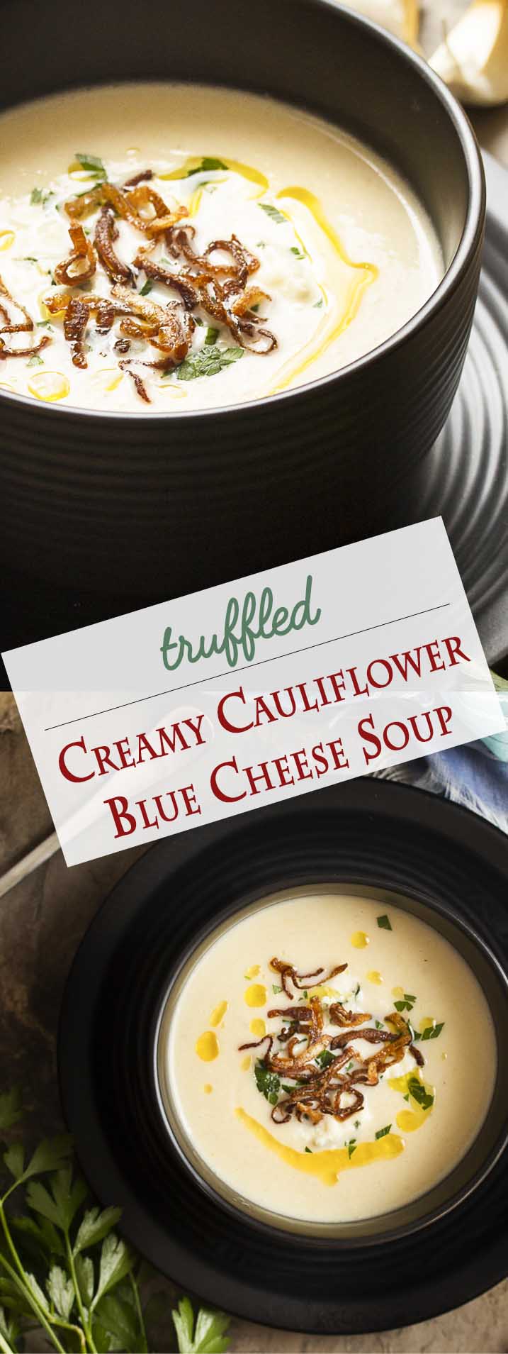 This smooth and creamy cauliflower soup is swirled with blue cheese and topped with truffle oil for great comfort food on a chilly day! | justalittlebitofbacon.com