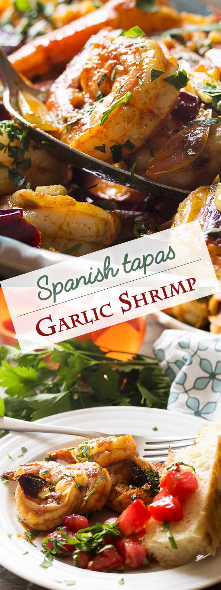 Plump and juicy shrimp, soft sliced garlic, and sweet and smoky paprika combine in this classic tapas recipe for Spanish garlic shrimp. Quick and easy! Make sure you have plenty of bread to soak up the flavorful olive oil! | justalittlebitofbacon.com