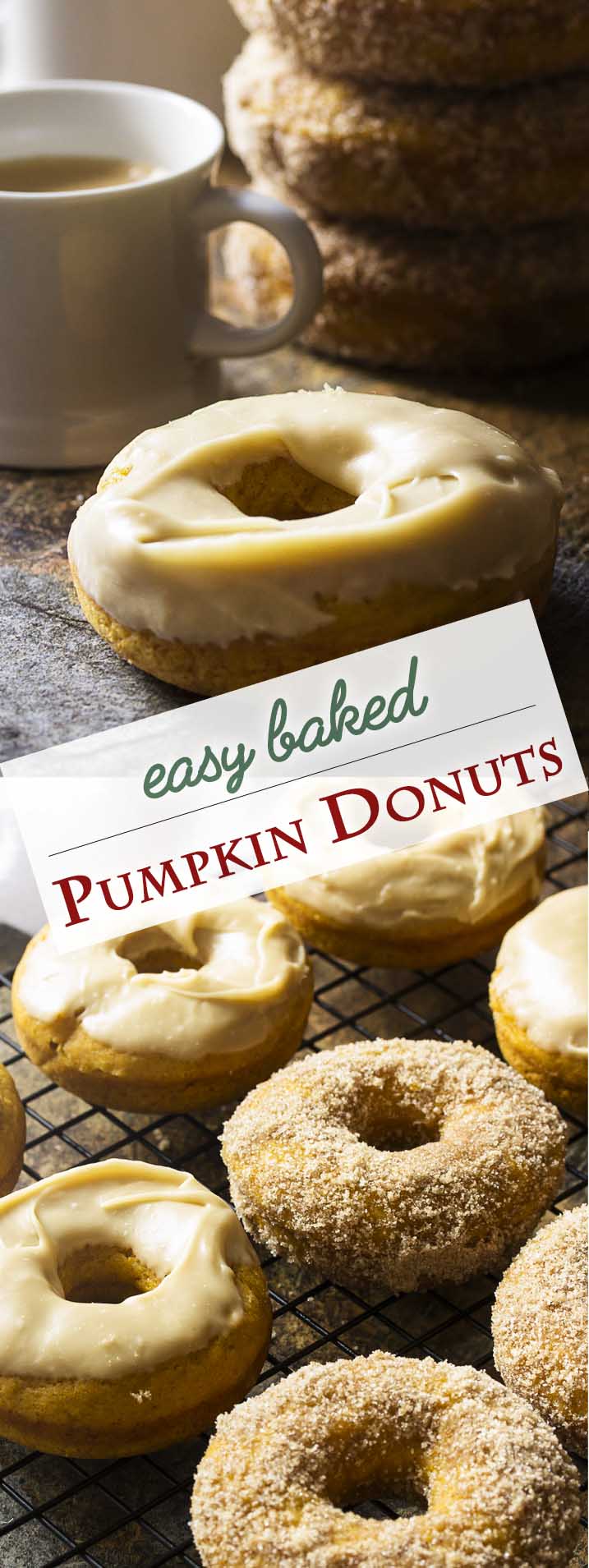 These easy and tasty baked pumpkin donuts are full of pumpkin puree and warming spices for a great fall breakfast or dessert. Either top them with a maple butterscotch glaze or roll them in cinnamon sugar. | justalittlebitofbacon.com